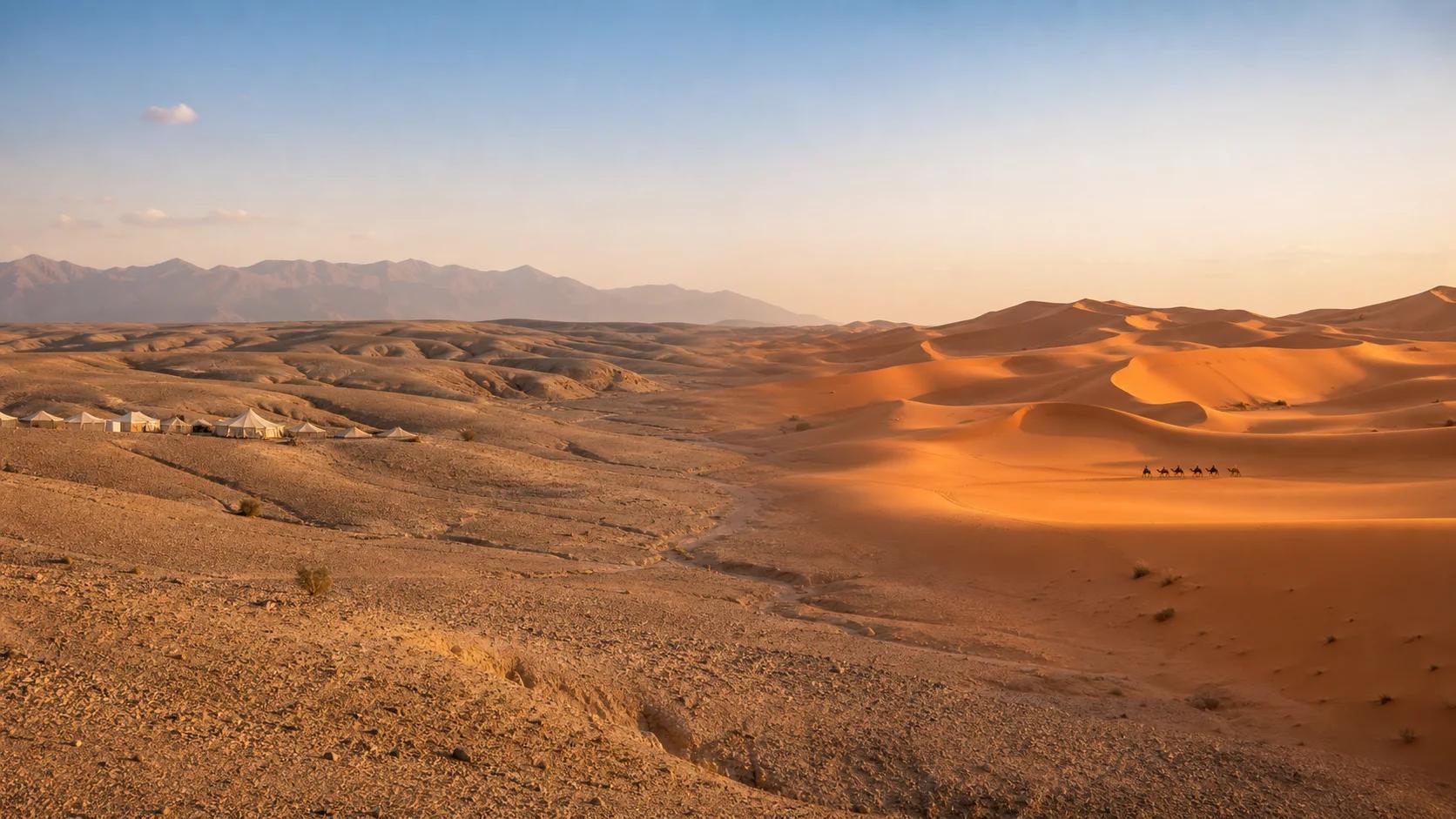 Rocky Agafay Desert compared with the golden Sahara dunes at Erg Chebbi