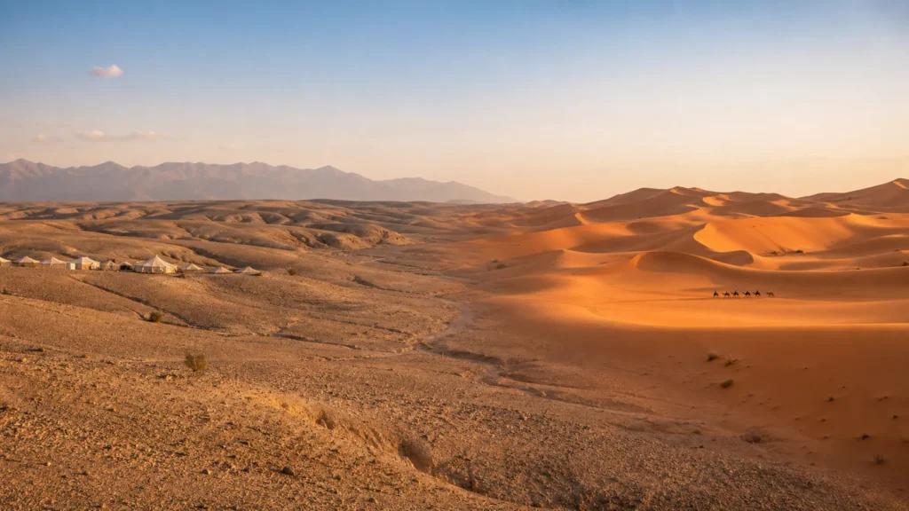 Rocky Agafay Desert compared with the golden Sahara dunes at Erg Chebbi